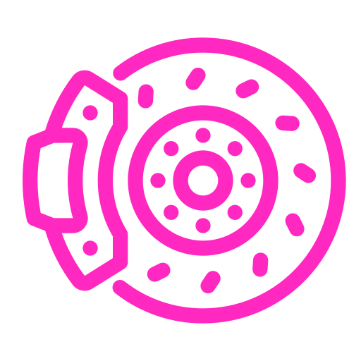 Bright pink graphic of a brake disc and caliper, illustrating automotive brake systems. Relevant for discussions on car safety and maintenance.