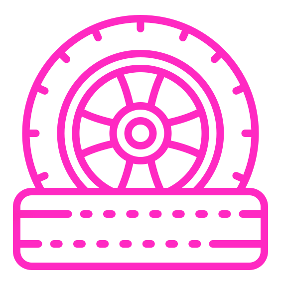 Neon pink illustration of a tire, showcasing its detailed wheel and tread design. Represents automotive themes, suitable for tire-related content.
